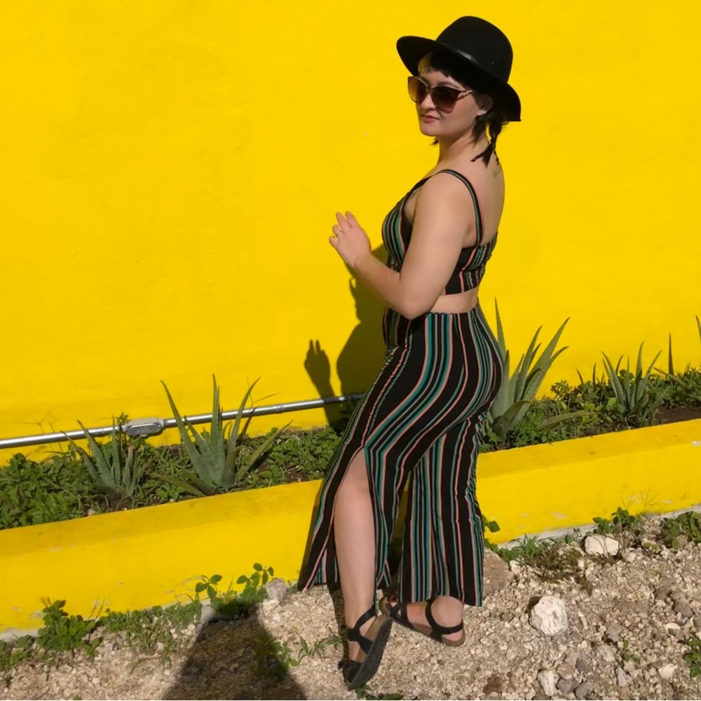Two piece striped resort wear outfit
